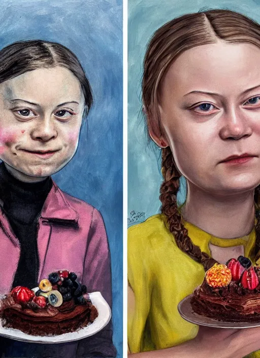 Prompt: greta thunberg eating cakes painted by otto dix, detailed digital art, trending on Artstation