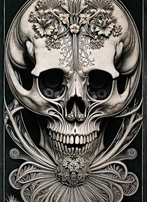 Image similar to art forms of nature by ernst haeckel, memento mori by arthur rackham, ornate antique porcelain beautiful skull mask, ultrasharp, photorealistic, hyperdetailed, octane render, polished, art nouveau, neo - gothic, gothic, intricate ornamental organic filigree, art nouveau botanicals, art forms of nature by ernst haeckel, horizontal symmetry, symbolist, visionary