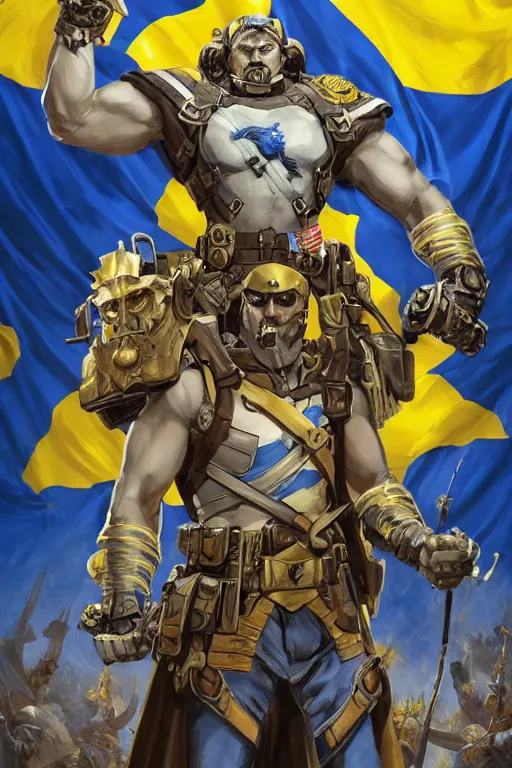 Prompt: A super soldier with Сoat of arms of Ukraine on his chest and blue and yellow flag behind him is standing on a pile of skulls with Z character on foreheads, D&D, dark fantasy, intricate, elegant, highly detailed, digital painting, artstation, concept art, smooth, sharp focus, illustration, art by artgerm and greg rutkowski and alphonse mucha