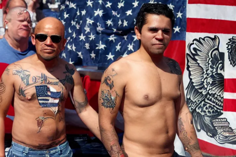 Prompt: biden shirtless, tatoos, latino, thug life, high quality, standing in front of lowrider