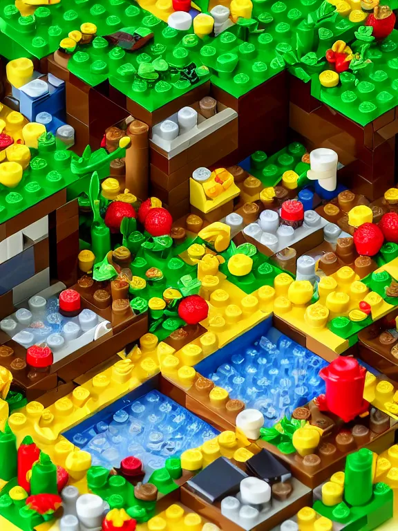 Prompt: miniature isometric pixel lego diorama of fruit forest