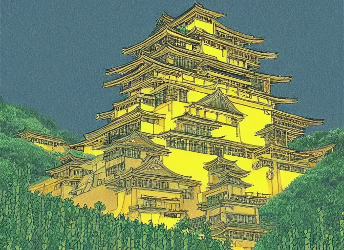 Image similar to japanese yellow fortress in a city inside the bamboo forest by studio ghibli painting