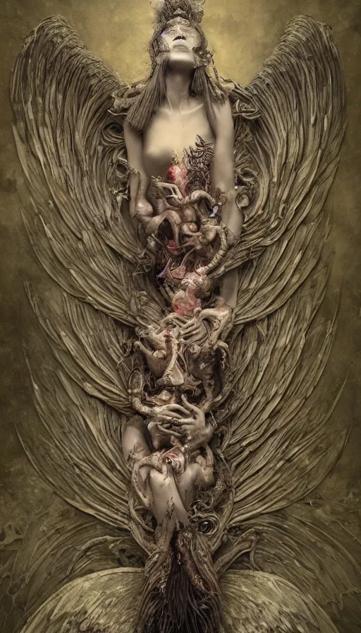 Prompt: wet plate photography of goddess with one wing reaching infinity and hungry souls around surrealistic intricate face, broken parts by klimt, artificial nightmares drawn by peter mohrbacher, zdzisław beksinski and thu berchs james gurney unreal engine octane, trending on artstation.