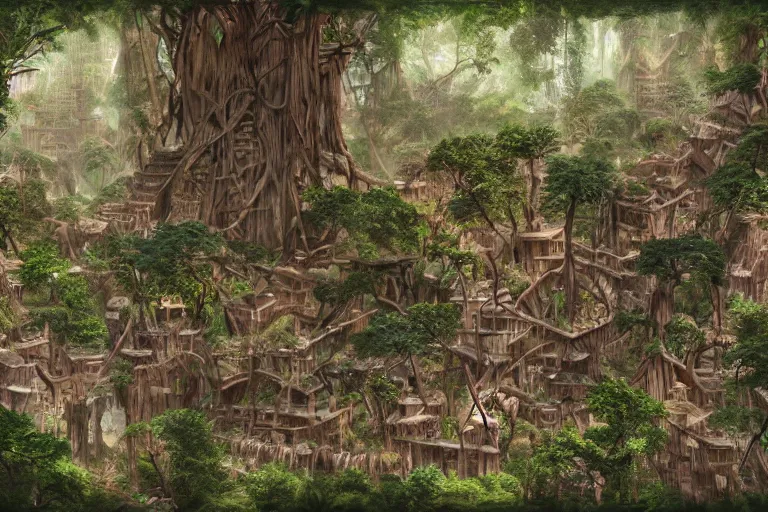 Image similar to a wood elf village suspended high up in the redwood tree canopies, connected by rope bridges, fantasy setting, dense vegetation, very detailed, d & d concept art, 4 k