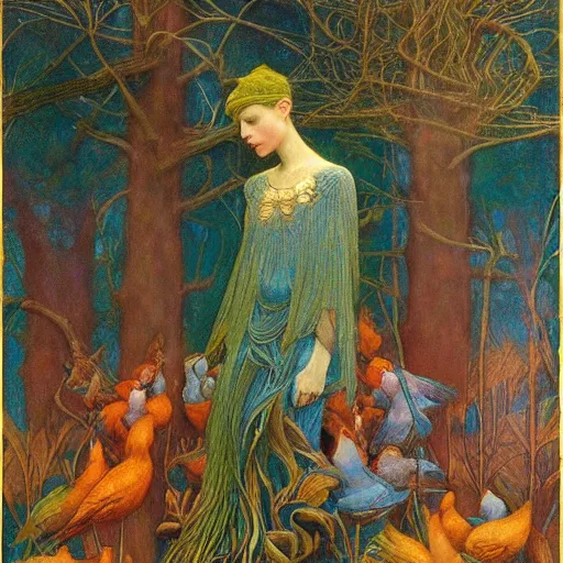 Image similar to the queen of the forest with her birds, by Annie Swynnerton and jean delville and Nicholas Roerich and Tino Rodriguez, elaborately costumed, rich color, dramatic cinematic lighting, extremely detailed