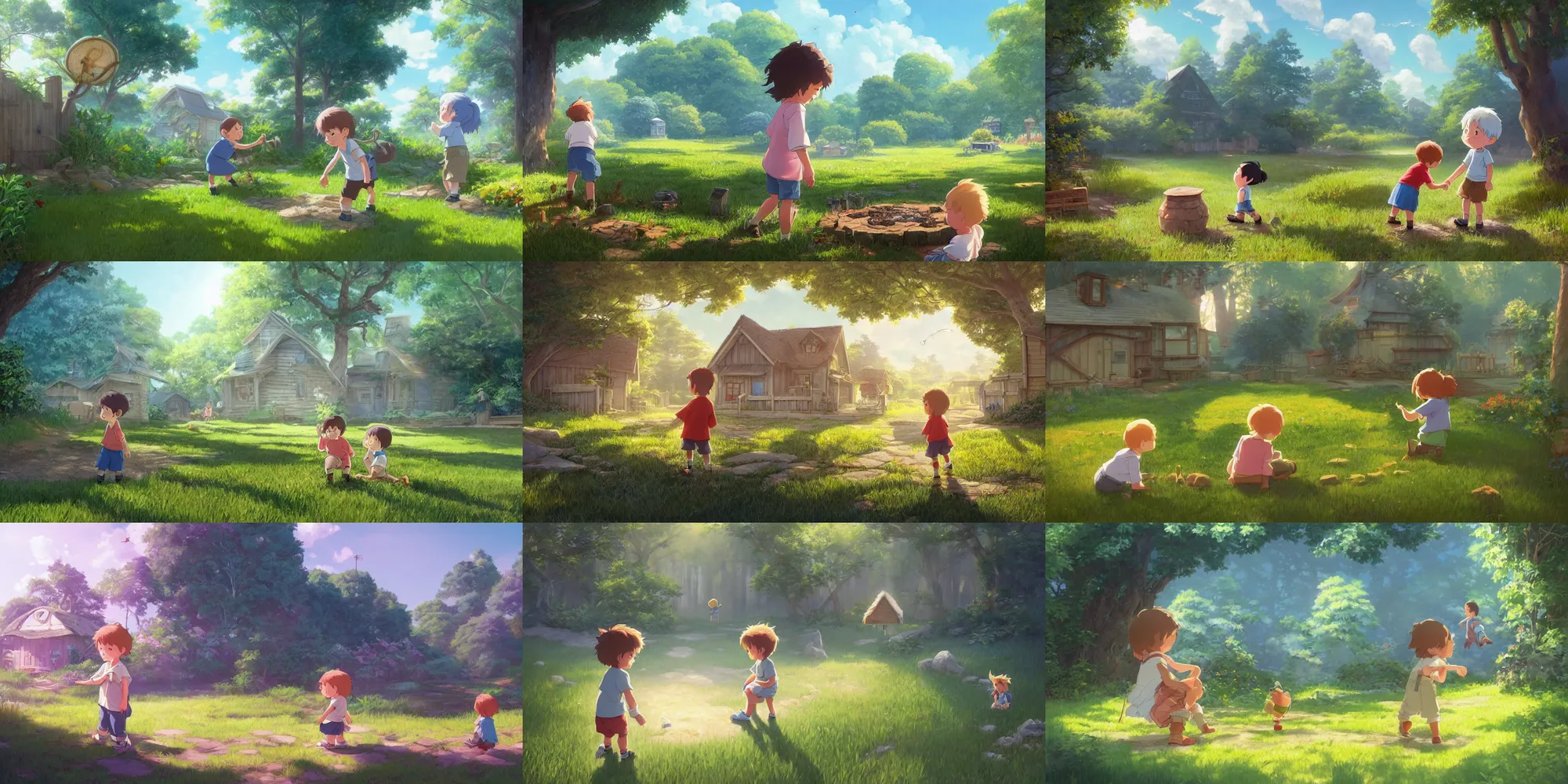 Prompt: a wholesome cottagecore illustration of a young kid with an imaginary friend playing in the backyard, studio Ghibli, Pixar and Disney animation, sharp, Rendered in Unreal Engine 5, anime key art by Greg Rutkowski, Bloom, dramatic lighting, sunny day