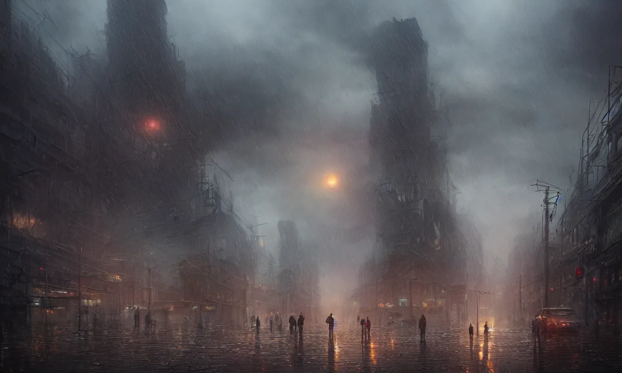 Prompt: A landscape with a dystopian city, rain, puddles, oil, people are talking in the foreground, bottom view, volumetric lighting, ray lighting from top of frame, crepuscular ray lighting from above, dynamic lighting, muted colors, by Greg rutkowski, thomas kinkade, Andreas rocha, john howe, pixar, f16, hd, 8k