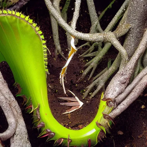 Image similar to a carnivorous plant with alligator jaw and teeth, photo of a plant growing showing its roots underground, plant photography