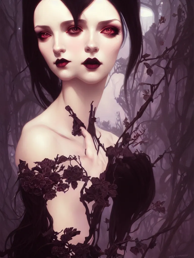 Image similar to a beautiful goth girl, fantasy, portrait, sharp focus, intricate, elegant, digital painting, artstation, matte, highly detailed, concept art, illustration, ambient lighting, art by ilya kuvshinov, artgerm, Alphonse mucha, and Greg Rutkowski