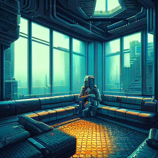 Image similar to futuristic cyberpunk lounge, interior architecture view, beautiful detailed pixelart by albertov, intricate details, beautiful, dithered gradients, volumetric lighting, cgsociety, artstation, smooth, sharp focus, 2 d illustration, by greg rutkowski, amazing art by dan mumford