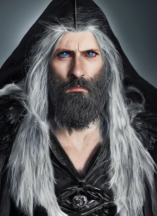 Image similar to A striking hyper real painting of a winged aasimar hexblade warlock, short beard, black cloak, silver hair, unreal 5, DAZ, hyperrealistic, octane render, cosplay, RPG portrait, dynamic lighting