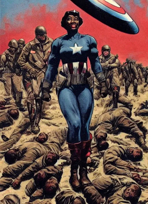 Prompt: beautiful black female captain america standing on a pile of defeated german soldiers. feminist captain america wins wwii. american wwii propaganda poster by james gurney