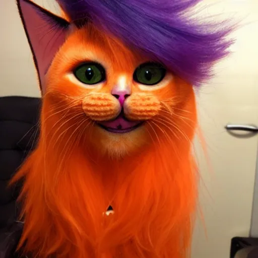 Image similar to orange cat, with his hair died purple to look like the cheshire cat, photo