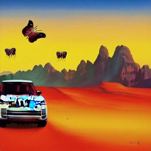 Prompt: a range rover in the desert with mountains in the back and butterflies in the sky during a beautiful sunset in the style of Salvador Dalí, oil on canvas, visible brushstrokes, sharp focus, Highly Detailed, Cinematic Lighting, 8k, HD