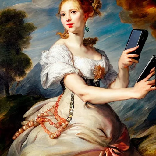 Image similar to heavenly summer sharp land sphere scallop well dressed lady taking a selfie with her iphone auslese, by peter paul rubens and eugene delacroix and karol bak, hyperrealism, digital illustration, fauvist, iphone