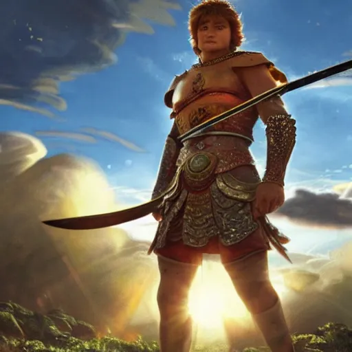 Image similar to a ultra detail picture portrait of A giant warrior in shimmering armor wielding a legendary sword, the sun at their back, strides forward with sword held high. They are the embodiment of courage and strength, and they are ready to fight for what is right. vivid tones, wide angle, by miyazaki, nausicaa ghibli, 8k, photorealistic,