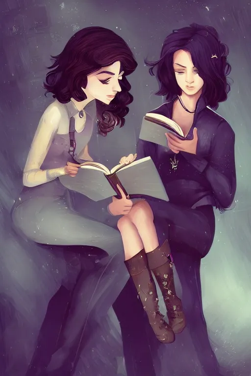 Prompt: stoic butch tomboy princely short - haired blonde named val wearing pants, and beautiful femme romantic black - haired gothic woman named odyl, reading books in library, in love, romantic and dreamy, artstation, digital art