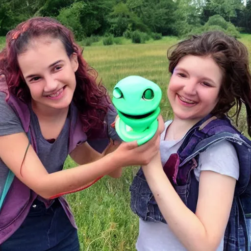 Image similar to a photograph of students smiling while holding an alien they found in a field