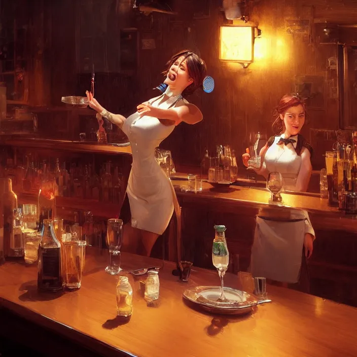 Image similar to a waitress singing on a table in a bar, elegant, real life skin, intricate artwork, high detailed, artstation, concept art, smooth, sharp focus, art by artgerm and greg rutkowski