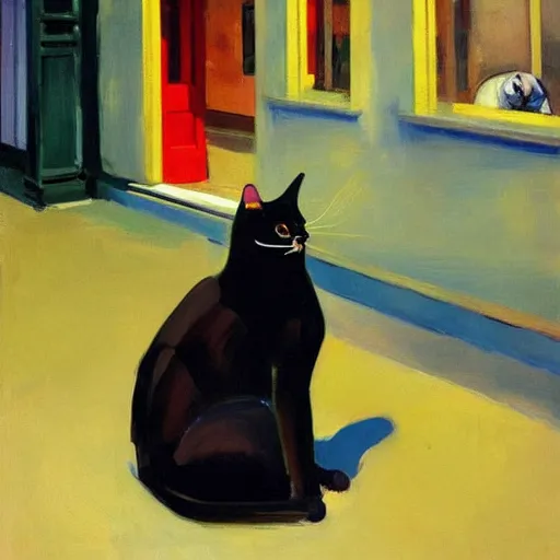 Image similar to a robotic cat wearing a hat, a highly detailed edward hopper painting, by adrian ghenie and gerhard richter. art by sorolla. masterpiece, flat surreal design with deep colours. 8 k. artstation