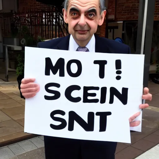 Prompt: photo of Mr. Bean holding a sign saying soon