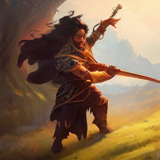 Image similar to beautiful painting of a very short and small male halfing bard from pathfinder, casting fireball, painted by greg rutkowski