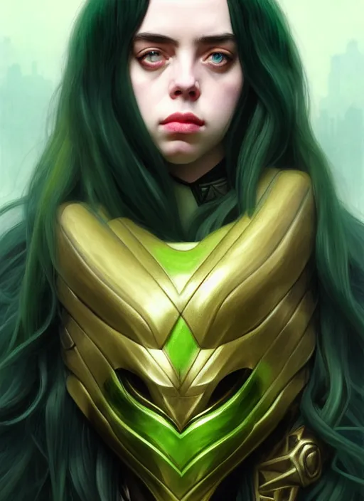 Image similar to Billie Eilish as Female Loki, very detailed, digital art, trending on artstation, concept art, smooth, illustration, art by artgerm and greg rutkowski and alphonse mucha and Edmund Blair Leighton and Katsuhiro Otomo and Geof Darrow and Phil hale and Ashley wood