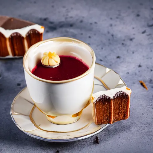 Image similar to extremely delicious looking photo of sweet desert in fancy stylish cup, very expensive top quality product, michelin star, most perfect desert on the world, small manufacture, unique style, 8 k, product photography, professional studio photography