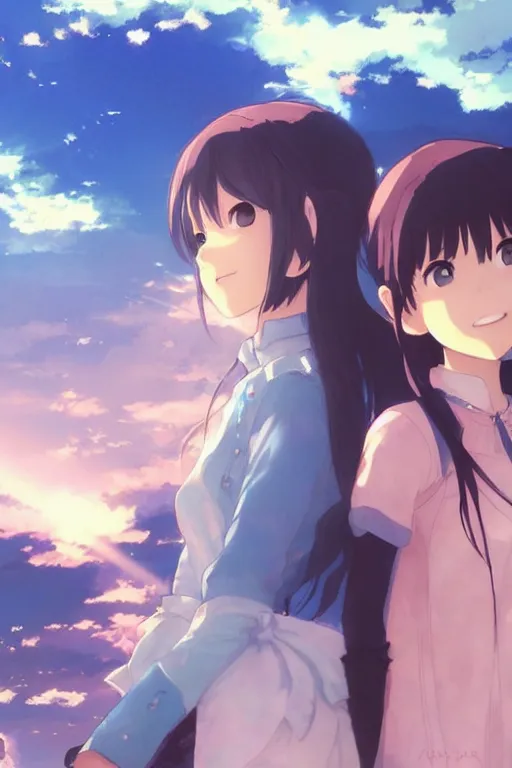 Image similar to Cute girls by Akihiko Yoshida and Makoto Shinkai, with backdrop of god rays