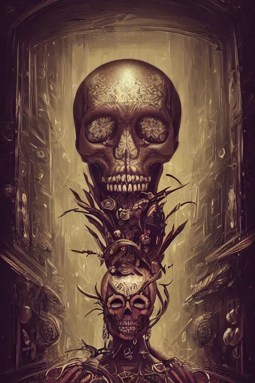 Image similar to portrait of jewel bone-skull oracle physically accurate, moody dynamic lighting, very very intricate, very very elegant, highly detailed, digital painting, artstation, in the style of Rob Lefield and Dan Mumford , trending on artstation, digital art,surrealism ,macro,blueprint ,vaporwave ,