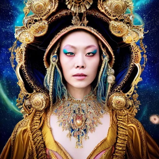 Image similar to a beautiful empress portrait, with a brilliant, impossible striking big cosmic galaxy headpiece, clothes entirely made out of cosmos chaos energy, symmetrical, dramatic studio lighting, rococo, baroque, jewels, asian, hyperrealism, closeup, D&D, fantasy, intricate, elegant, highly detailed, digital painting, artstation, octane render, 8k, concept art, matte, sharp focus, illustration, art by Artgerm and Greg Rutkowski and Alphonse Mucha