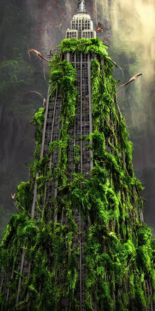 Prompt: an epic view of vines and moss growing on the empire state building, moss, jungle, waterfalls, with pterosaurs flying, close - up, low angle, wide angle, atmospheric, volumetric lighting, cinematic, 8 k hg, ray tracing, octane render, unreal engine, photorealistic, sharp, highly detailed digital art, painted by tyler edlin