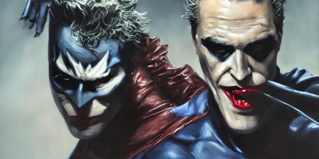 Image similar to a hyperrealistic oil painting of Batman fighting Joker; masterpiece, extremely highly detailed; ultra realistic; trending on artstation