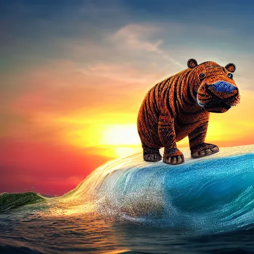 Image similar to a closeup photorealistic photograph of a cute smiling knitted tiger hippopotamus riding a wave at sunset. surf in background. professional capture. brightly lit scene. this 4 k hd image is trending on artstation, featured on behance, well - rendered, extra crisp, features intricate detail, epic composition and the style of unreal engine.