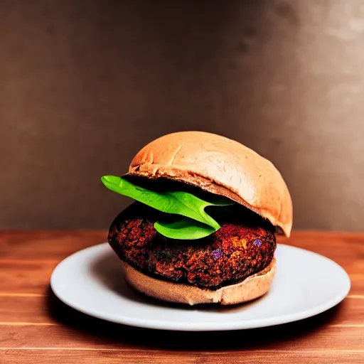 Prompt: perfect bean burger, award winning photo, food photography, golden hour