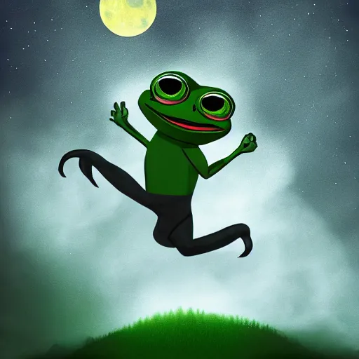 Prompt: pepe the frog flying at night through fog forest lit by the full moon