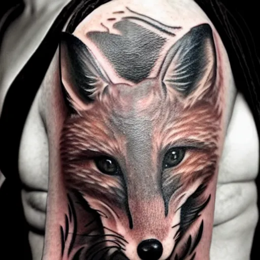 Prompt: A tattoo of an icon of a fox, shoulder, abstract