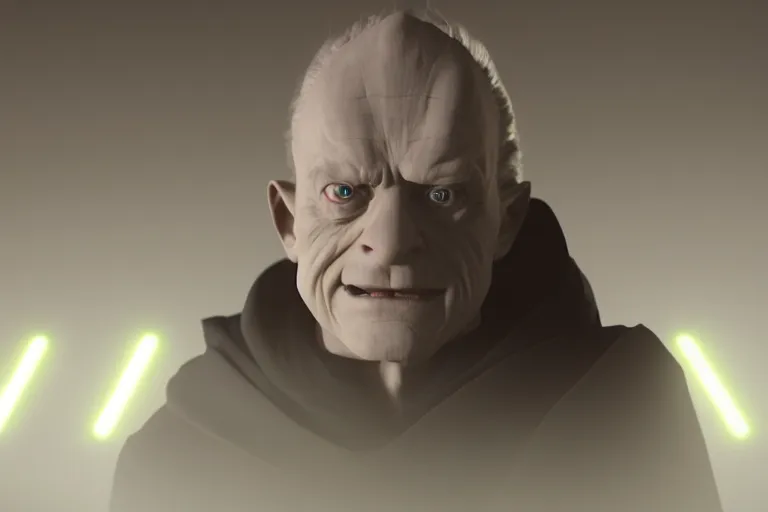 Image similar to a cinematic still of Ian McDiarmid as palpatine, wearing sith hood, ((octane render, nvidia raytracing demo)), masterpiece