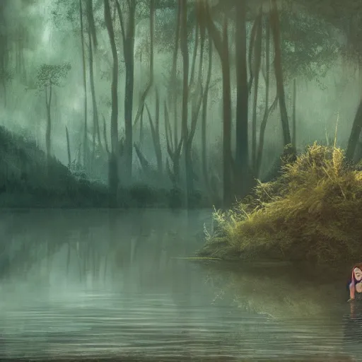 Image similar to forest girl child in a lake by ross tran, natural, fantasy, fog, artwork