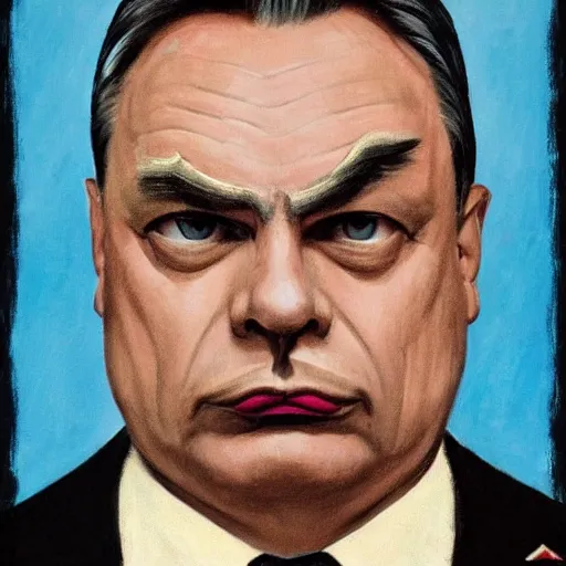 Image similar to highly detailed propaganda poster portrait of the leader of fascist hungary, viktor orban with cat whiskers face painting, looking into the distance 1 9 5 0, by edward hopper