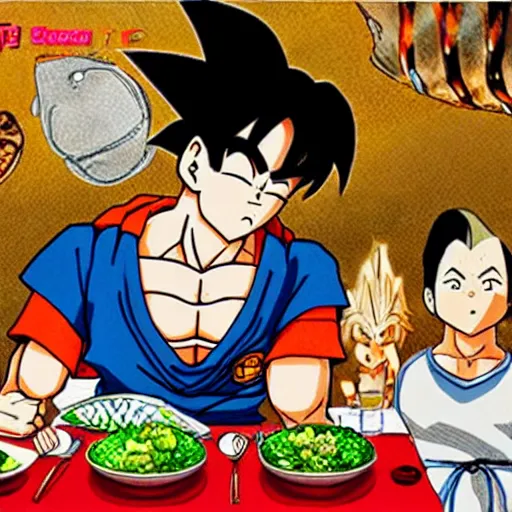 Prompt: Son Goku, dining at a fancy seafood restaurant, Akira Toriyama art, lovely background