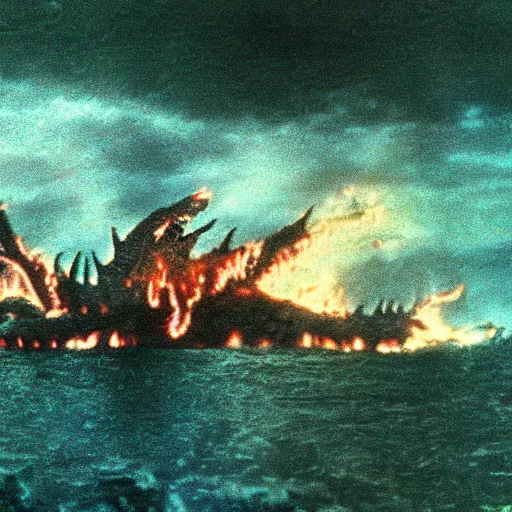 Prompt: wide scenic shot from the David Lynch production of Godzilla vs mechakraken, depicting several kaiju fighting. Cinematic, VHS copy, film grain, 35mm film.