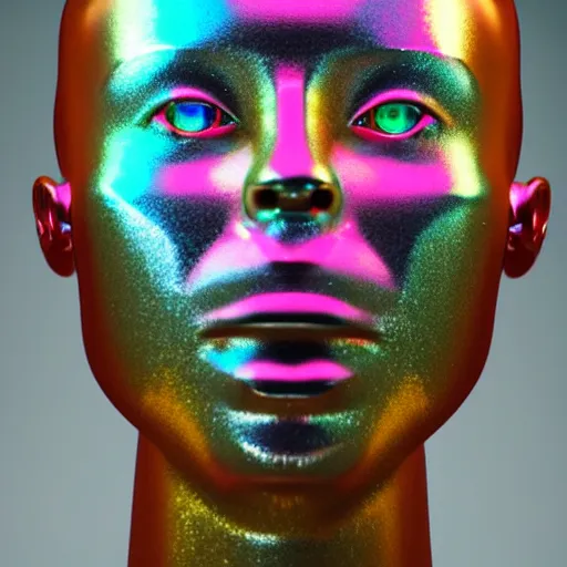 Image similar to 3d render of holographic human robotic head made of glossy iridescent, surrealistic 3d illustration of a human face non-binary, non binary model, 3d model human, cryengine, made of holographic texture, holographic material, holographic rainbow, concept of cyborg and artificial intelligence