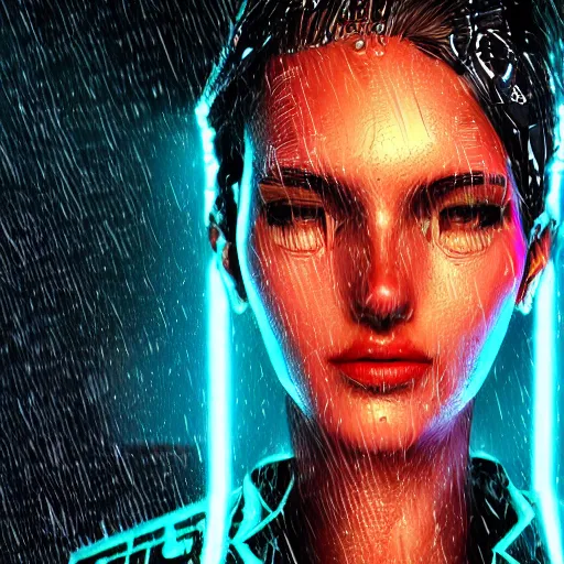 Prompt: comic book woman portrait made out of rain, beautiful, stylish suit, cyberpunk background, neon, rendered in octane, unreal engine, matte painting, sharp focus, trending on artstation, futuristic, space