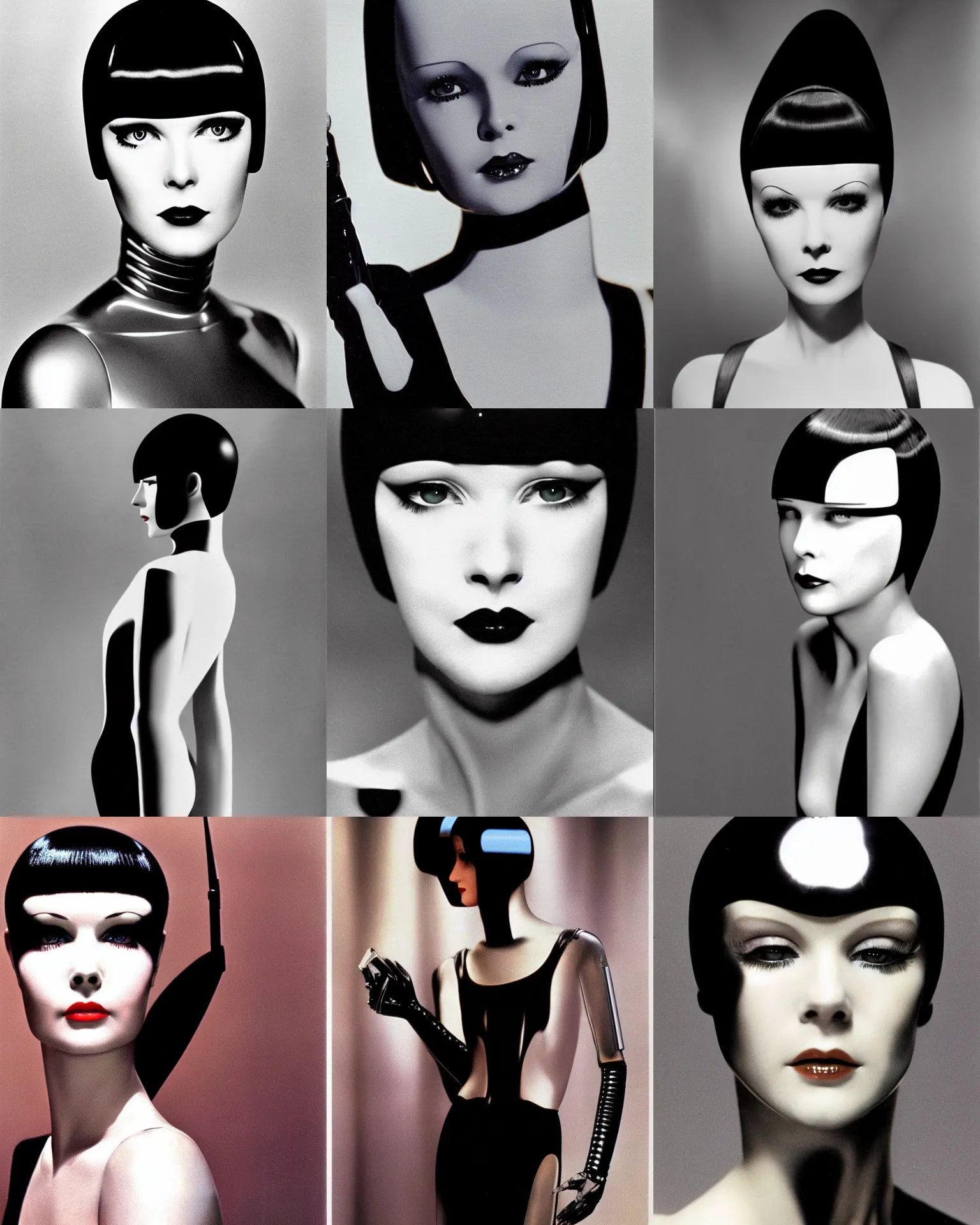 Prompt: mary louise brooks is half robot, chrome skin, 1 9 8 0 s airbrush, clean lines, futuristic, blade runner