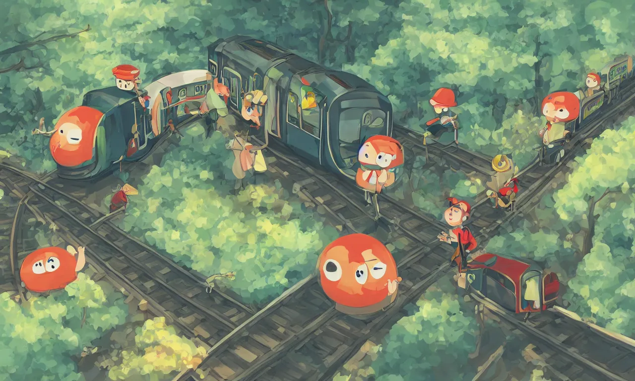 Prompt: ticket conductor and a thief on a bullet train riding forested blobs, digital art, 3d, illustration