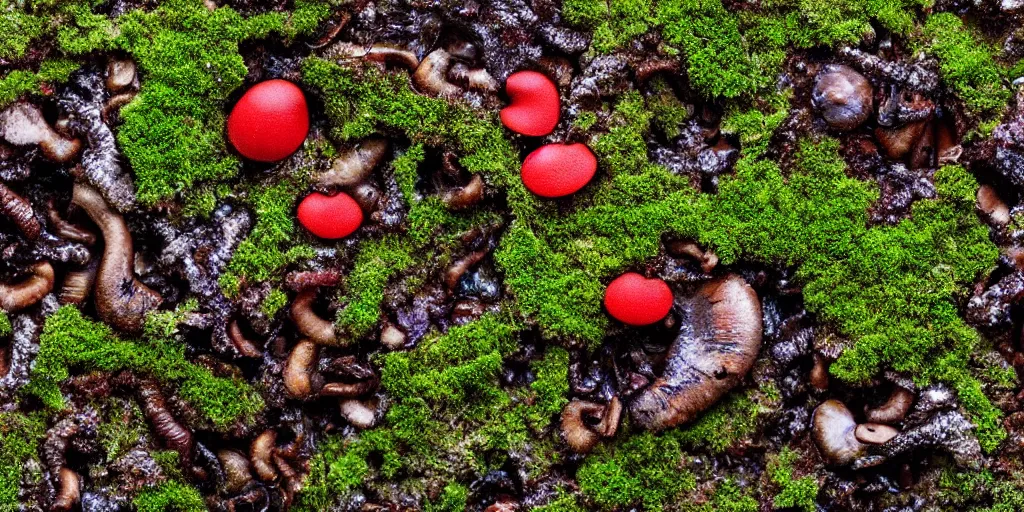 Image similar to extraterrestrial moss with some tiny red mushrooms, fog, dew, realistic, highly detailed, macro photography, trending on artstation