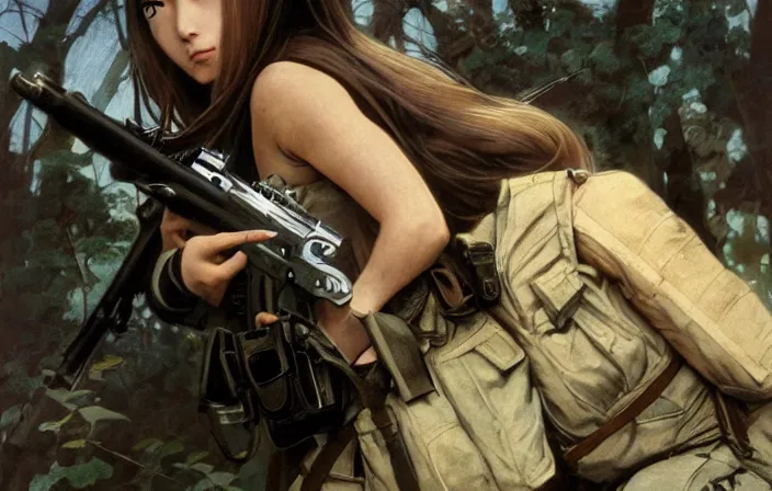 Image similar to war movie scene, infantry girl, anime style, long hair, hair down, symmetrical facial features, shot wounds, wallpaper, from girls frontline, hyper realistic, pale skin, rule of thirds, extreme detail, detailed drawing, trending artstation, hd, trading card, by alphonse mucha, greg rutkowski, backlit