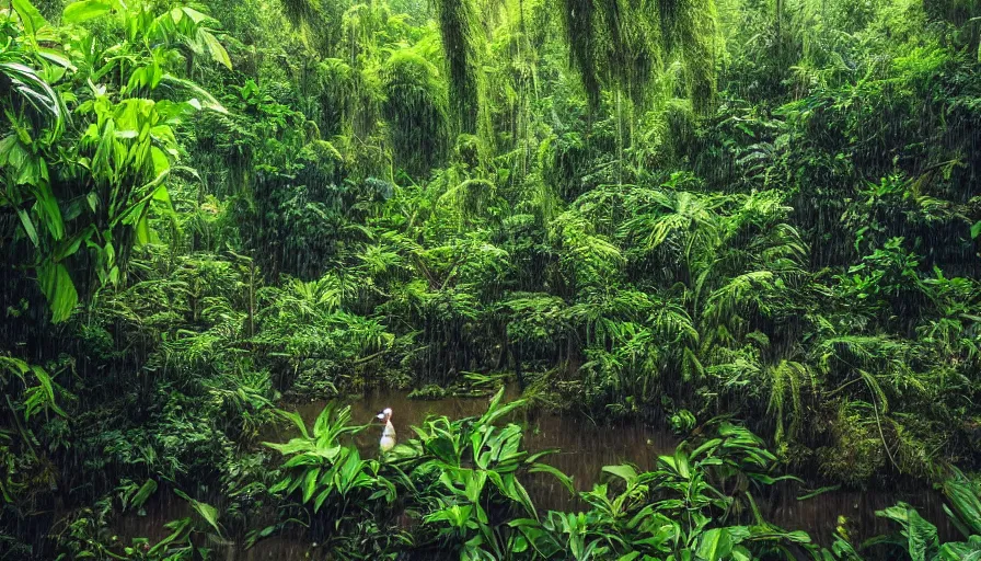 Image similar to a rainy foggy jungle, river with low hanging plants, there is the strangest bird, it’s a huge bird, great photography, ambient light