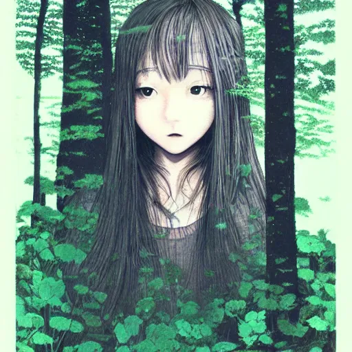 Image similar to detailed cute girl in a forest, style from asano inio, detailed face